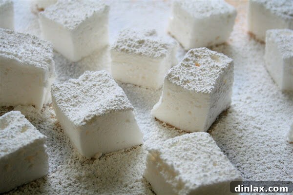 Freshly cut homemade marshmallows dusted with confectioners' sugar