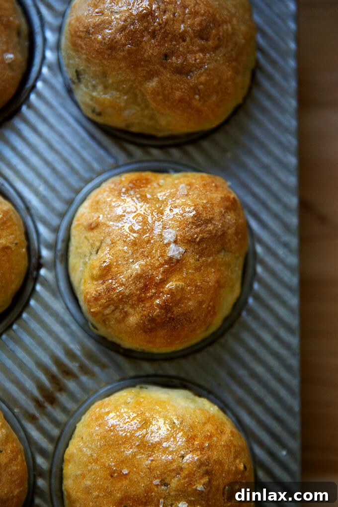 A close-up overhead shot of a single thyme dinner roll, halved and buttered, highlighting its fluffy texture and golden exterior.