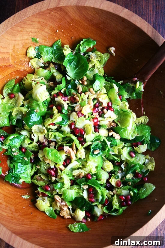 This vibrant Brussels sprout salad, a delightful mix of sweet, spicy, crisp, and crunchy textures, perfectly complements rich Christmas dinner dishes.
