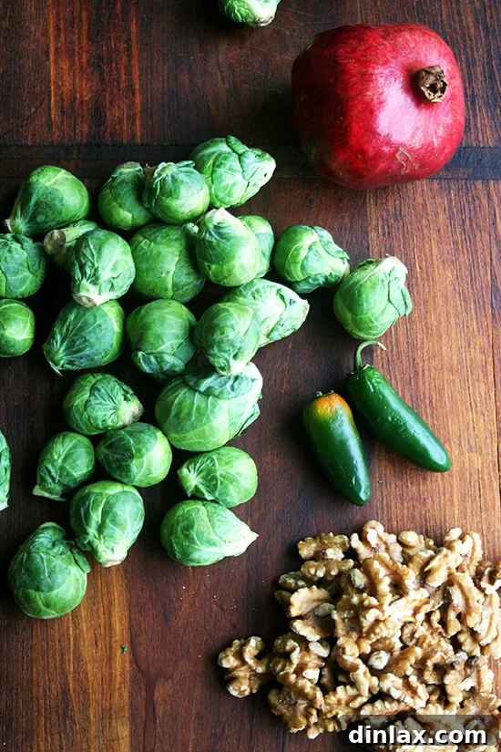Ingredients for the Brussels sprout salad including pomegranate.