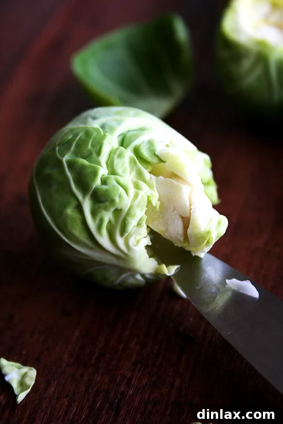 Preparing the Brussels sprouts by coring and peeling them into individual leaves.