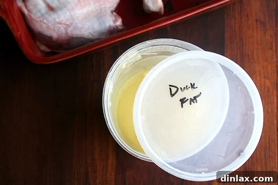 A clear quart container filled with solidified, golden duck fat, neatly labeled for long-term storage in the refrigerator.