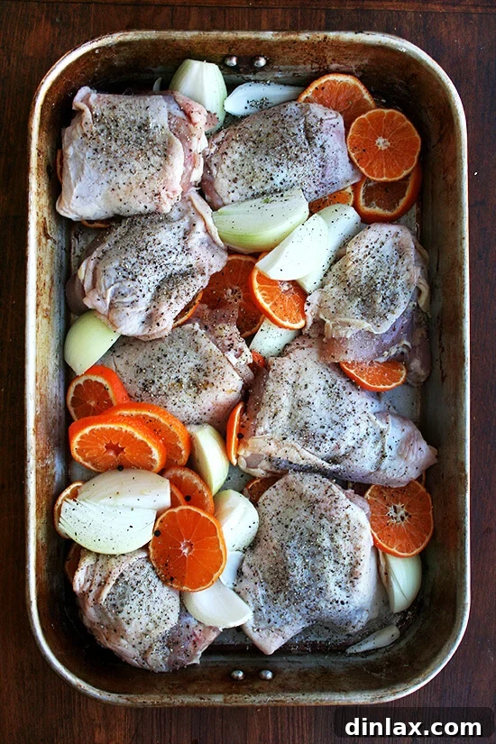 Clementine-Kissed Roast Chicken 6 A roasting pan filled with seasoned chicken, raw onions, and clementine slices, ready for the oven.