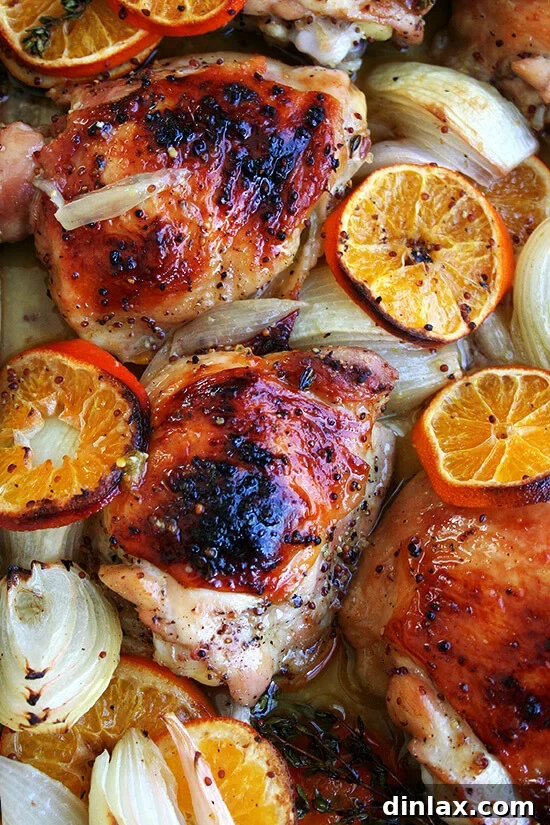 Clementine-Kissed Roast Chicken 8 An up close shot of roast chicken and clementines, highlighting the crispy skin and juicy fruit.