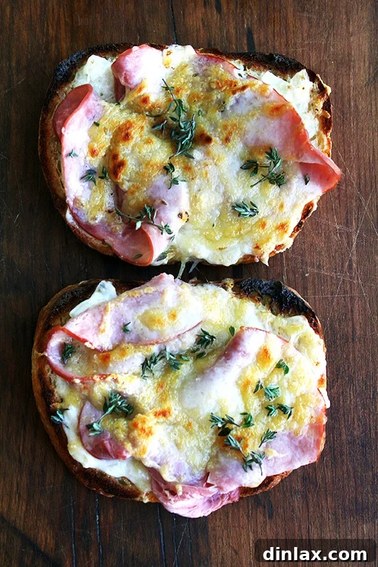 Croque monsieur: Two slices of toast topped with béchamel, ham, and cheese, just broiled.