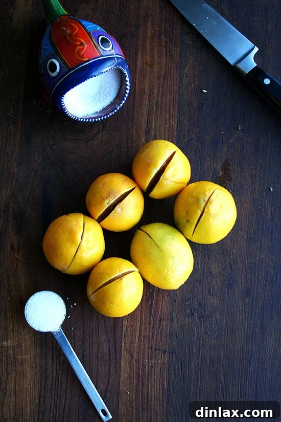 Weekend Citrus Project Two Ways to Preserve Lemons 4 cut lemons aside a fish salt cellar holding salt