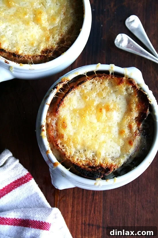 An overhead shot of two bowls of classic French onion soup.