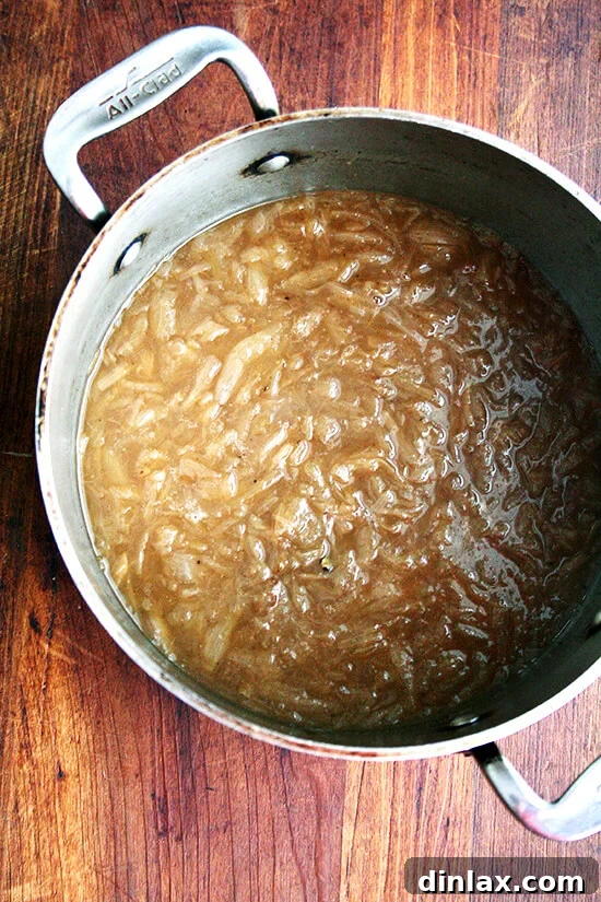 An overhead shot of a large pot containing richly caramelized onions being deglazed with water, sherry, wine, and vinegar for French Onion Soup.