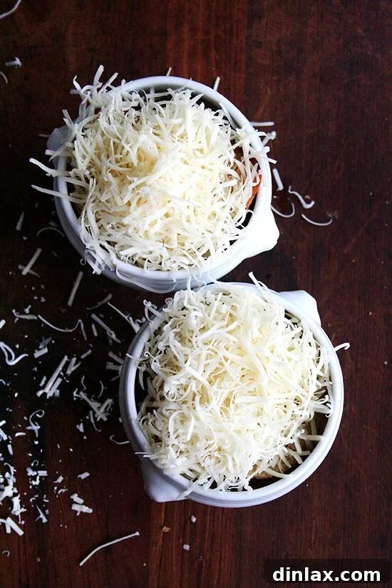 Two bowls of French onion soup topped with bread and grated cheese, positioned for broiling.