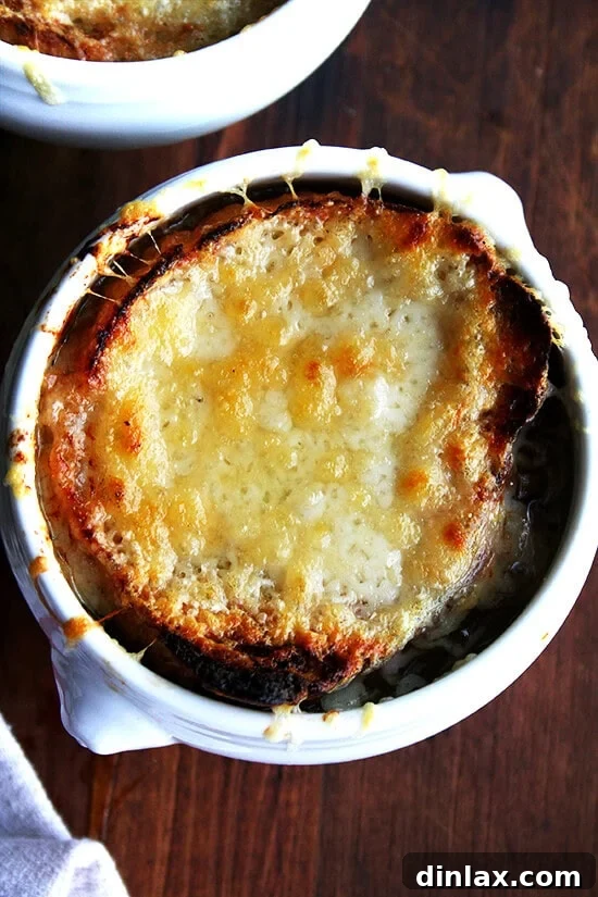 Two bowls of French onion soup, just broiled, with golden, bubbling cheese and toasted bread.