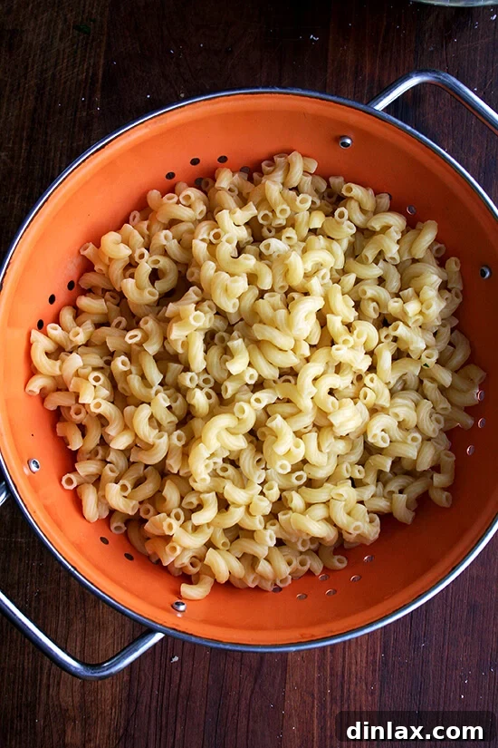 Golden Crispy Macaroni Cheese Bake 5 Par-boiled elbow macaroni noodles in a colander, perfectly prepped for the sheet pan recipe