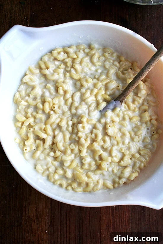 Golden Crispy Macaroni Cheese Bake 7 Creamy elbow macaroni mixed with béchamel sauce in a large bowl