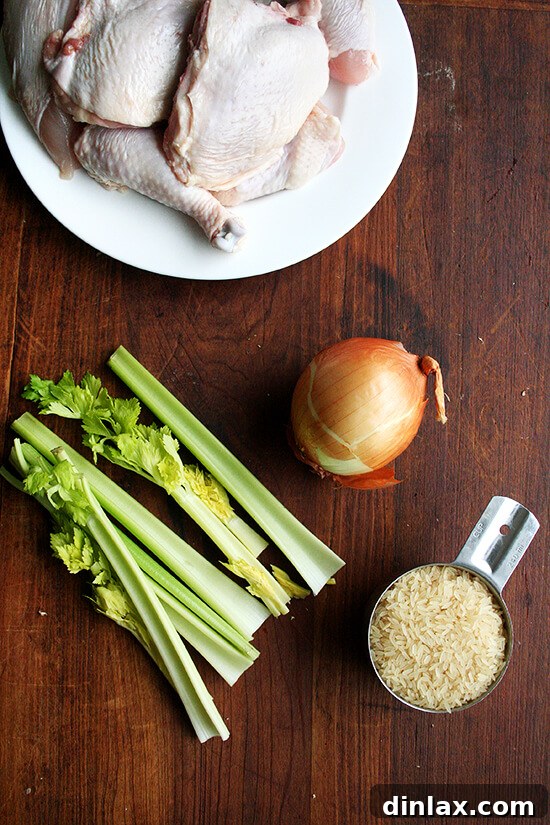 The Iconic Canal House Chicken and Rice 2 A flat lay of fresh, simple ingredients including butter, a whole chicken, an onion, and celery stalks, prepared for the Canal House Chicken and Rice recipe.