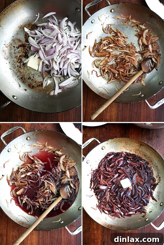 Shallots cooking in the pan with butter and steak drippings, starting the sauce.