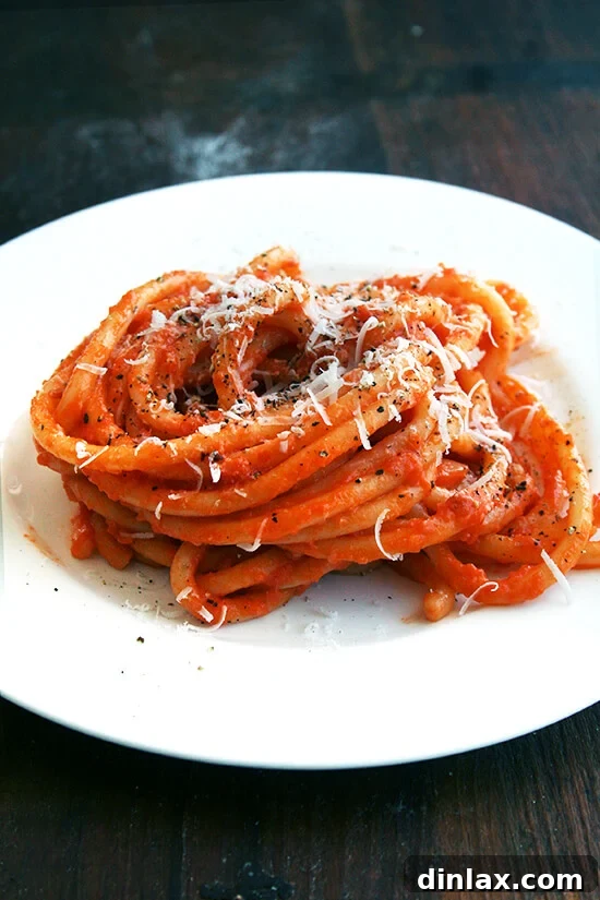 Roasted with butter, anchovies and a lot of garlic, canned tomatoes transform into an incredibly tasty, easy-to-make, all-purpose tomato sauce. This close-up shows the rich texture and vibrant color of the finished sauce, ready to be tossed with pasta.
