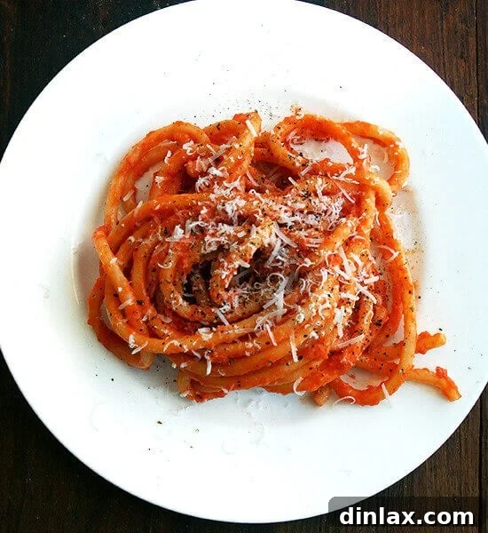 A plate of bucatini tossed with butter-roasted tomato sauce, garnished with Parmesan cheese and red pepper flakes.