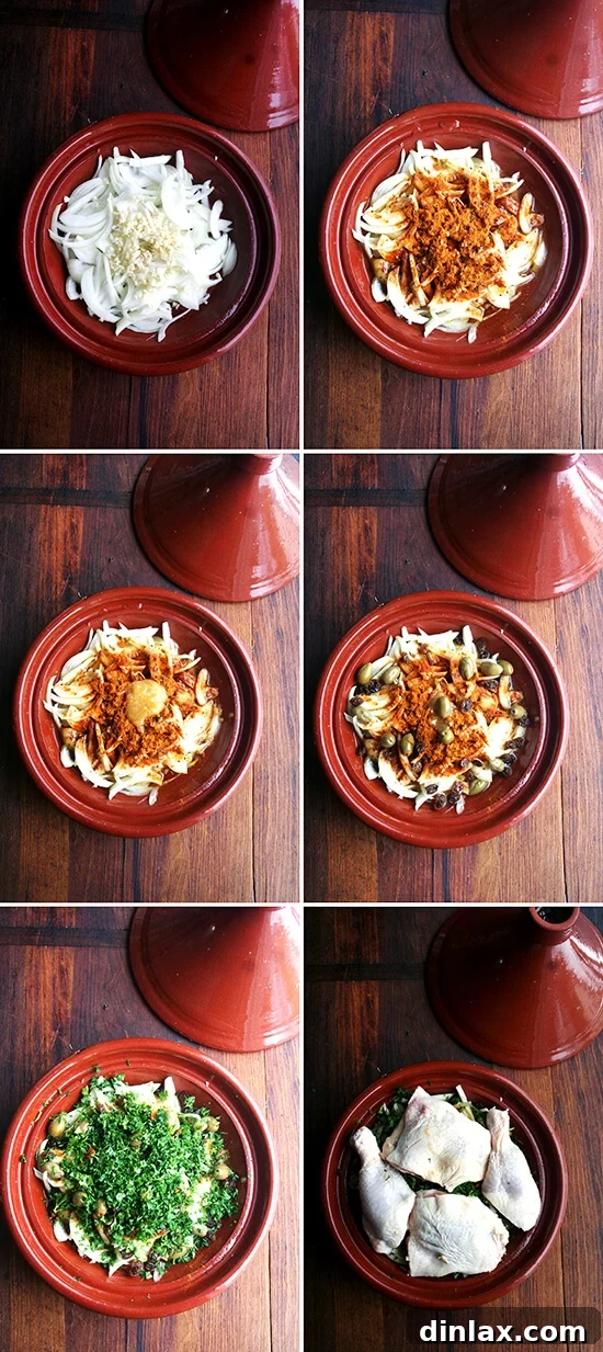 Step-by-step assembly of chicken tagine with preserved lemons and olives