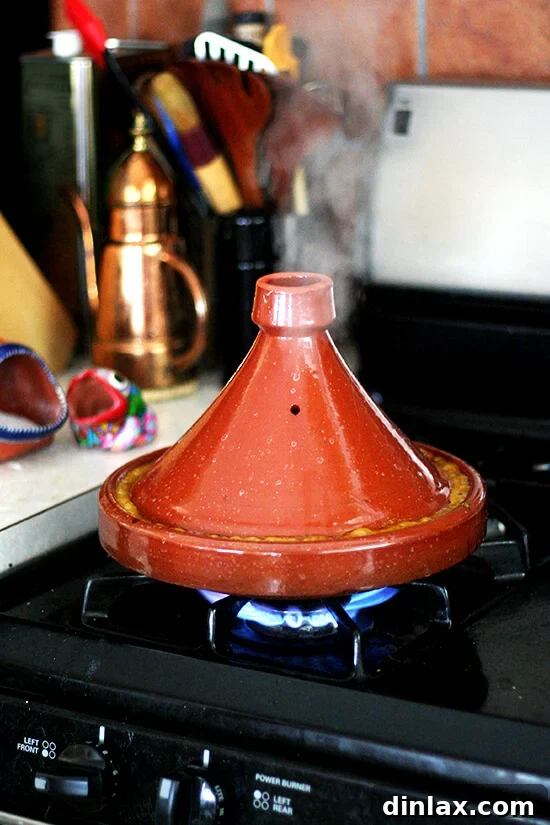 Moroccan chicken tagine simmering on the stovetop