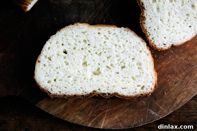 Hearty Gluten-Free Country Loaf 5 A slice of gluten-free peasant bread on a board.