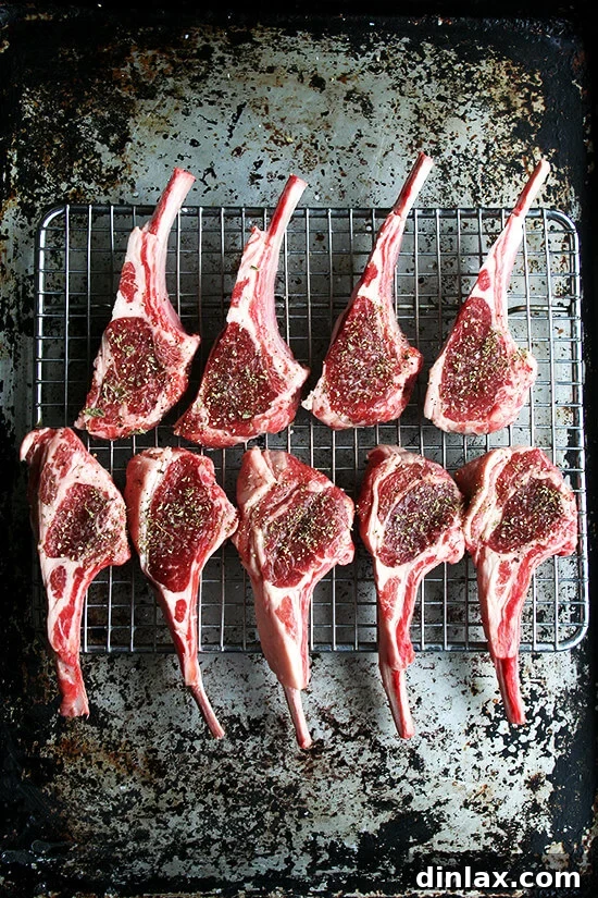 Raw lamb chops seasoned with salt, pepper, and oregano on a plate, ready for broiling.