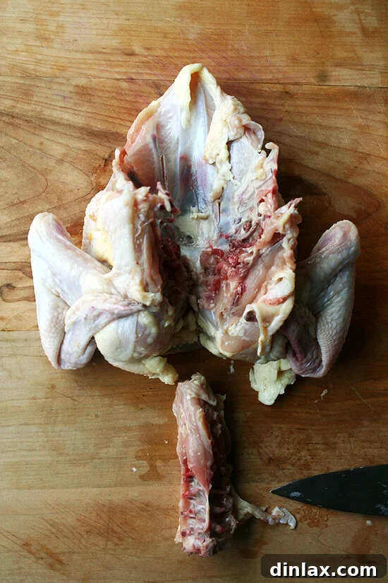 A chef's knife carefully separating the backbone from the breastbone of a raw chicken half, preparing it for quartering.