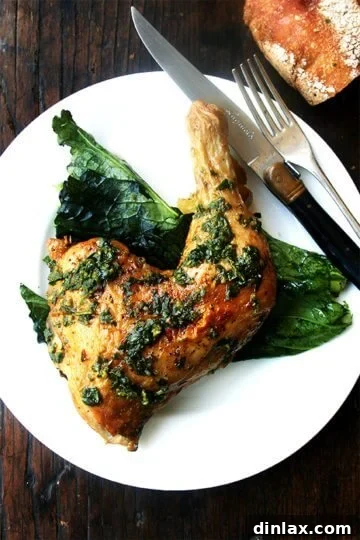 A tantalizing view of the Crispiest Spring Chicken, golden-brown and juicy, served with a vibrant herb sauce over mustard greens.
