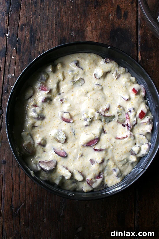 Rhubarb cake batter ready for the oven