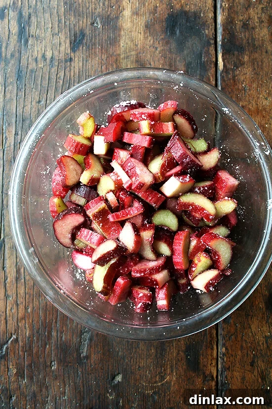 Chopped rhubarb and sugar for the cake