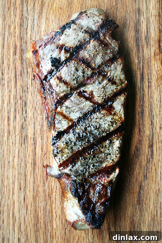 Smoky Grilled Poblano and Corn Salsa Tacos 6 Grilled New York Strip steak, perfectly cooked to medium-rare and thinly sliced, ready to be added to tacos with poblano corn salsa.