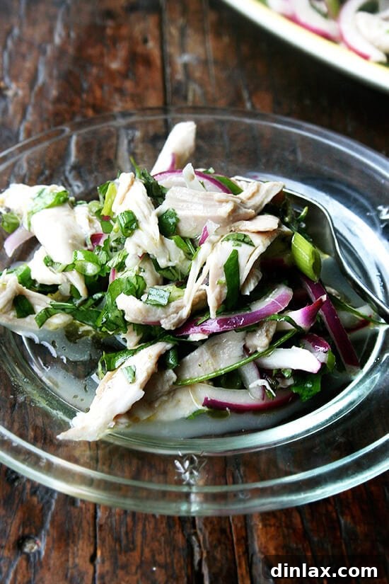 A vibrant no-mayo chicken salad bursting with fresh herbs, plump chicken pieces, and a tangy olive oil and vinegar dressing, perfect for summer gatherings.