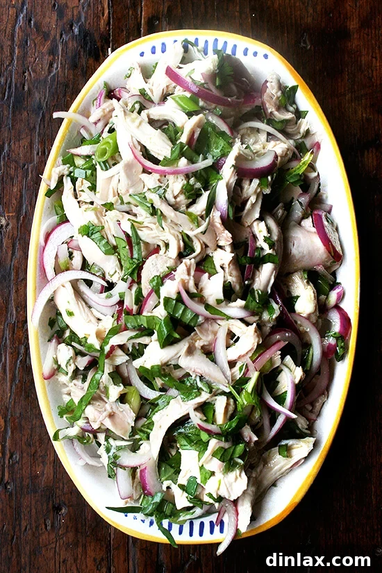 Close-up of the delicious no-mayo chicken salad, showcasing the tender chicken and abundant herbs, inviting a taste.