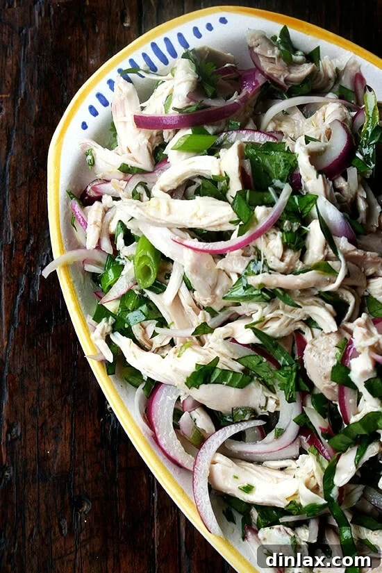 A final shot of the no-mayo chicken salad, glistening with dressing and vibrant with herbs, ready to be enjoyed.
