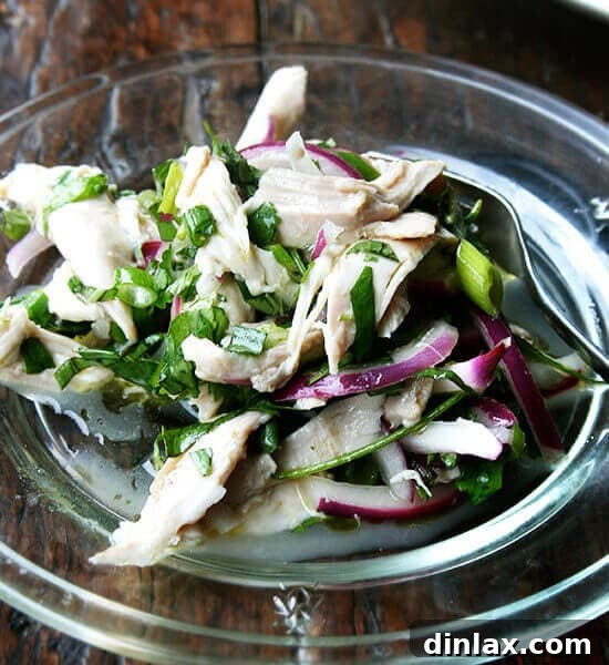 A beautifully presented no-mayo chicken salad with abundant fresh herbs and tender chicken.