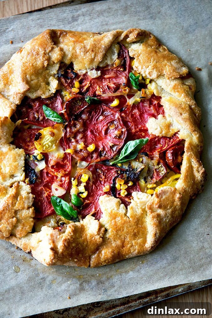 Caramelized Onion and Gruyère Galette with Summer Corn and Ripe Tomatoes 2 A freshly baked savory galette with corn, tomatoes, and gruyere.