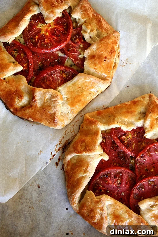 This galette, filled with caramelized onions, fresh corn, basil, Gruyère cheese and heirloom tomatoes, is prefect for the end of summer. Serve it with a simple mixed greens salad or a cucumber-and-feta cheese plate for a light, vegetarian meal. Yum. // alexandracooks.com A sheet pan with two freshly baked savory galettes.
