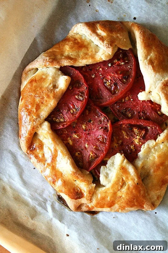 This galette, filled with caramelized onions, fresh corn, basil, Gruyère cheese and heirloom tomatoes, is prefect for the end of summer. Serve it with a simple mixed greens salad or a cucumber-and-feta cheese plate for a light, vegetarian meal. Yum. // alexandracooks.com Freshly baked savory galette with corn, tomatoes, and Gruyère.