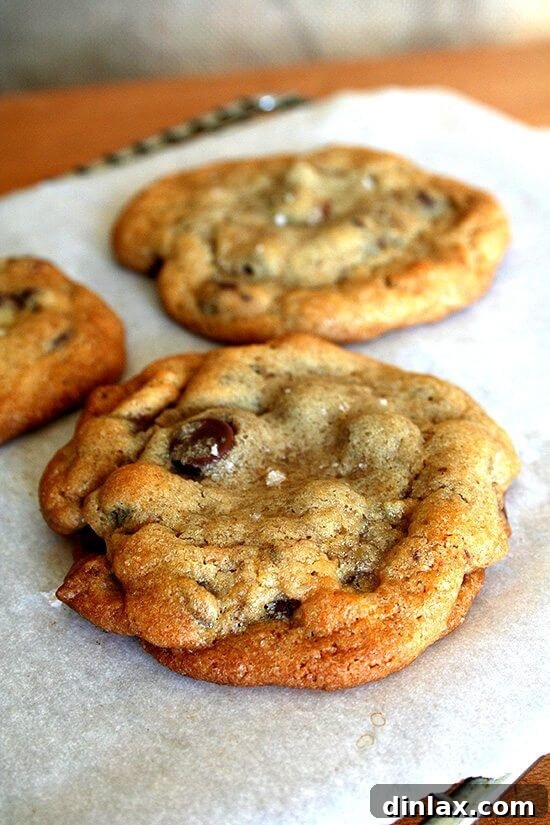 chewy chocolate chip cookie with a touch of salt on top A sheet pan with freshly baked chocolate chip cookies.