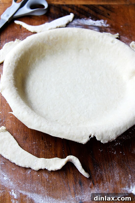 Trimmed and crimped pie shell, ready to be filled with peaches and custard.