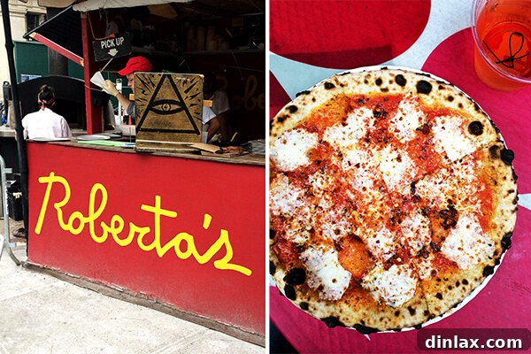 Caramelized Maple Acorn Squash 2 Roberta's pizza stand at Madison Square Eats, bustling with people.