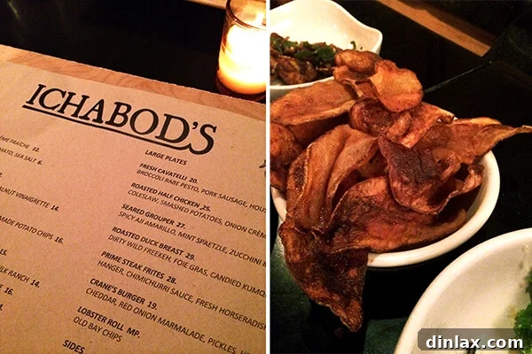Caramelized Maple Acorn Squash 4 A photo showcasing Ichabod's menu, handwritten in chalk, next to a bowl of crispy Old Bay seasoned chips.