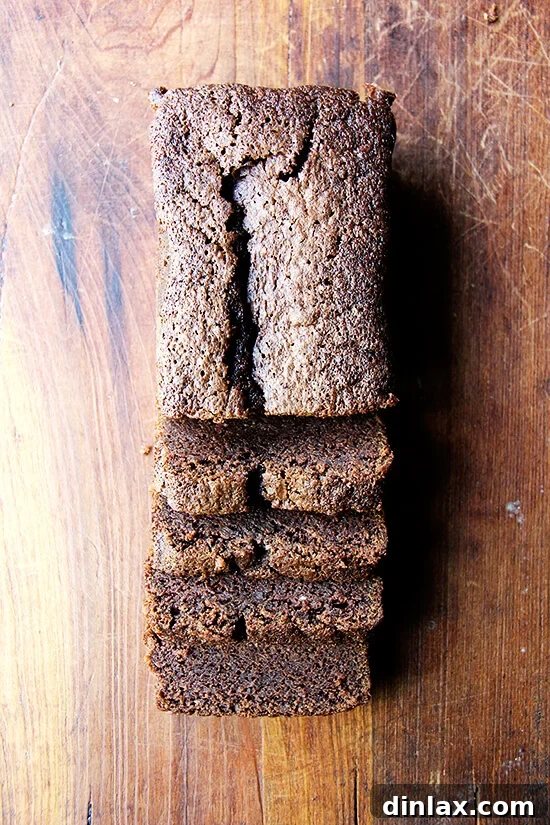 Nigella's dense chocolate loaf cake, beautifully sliced to reveal its moist and rich texture.