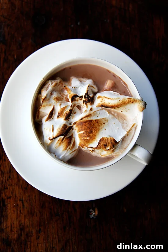 Glistening homemade meringue fluff, torched to golden perfection, resembling a luxurious campfire marshmallow. Perfect for sundaes and hot cocoa.