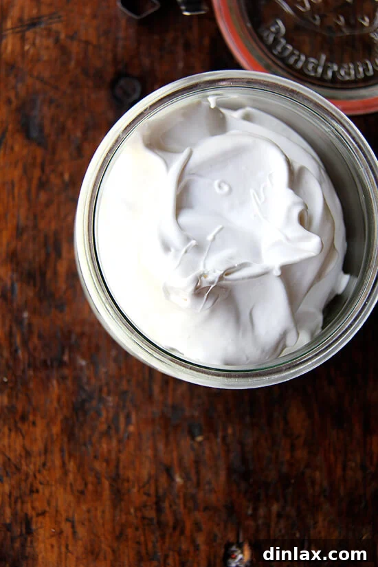 A generous dollop of homemade marshmallow fluff, light and airy, ready for various dessert applications.