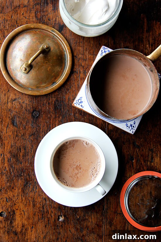 Rich hot cocoa topped with a cloud of homemade meringue fluff, ready for torching.