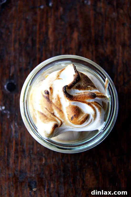 A delectable sundae featuring torched homemade meringue fluff crowning rich dulce de leche ice cream, creating a perfect blend of textures and flavors.