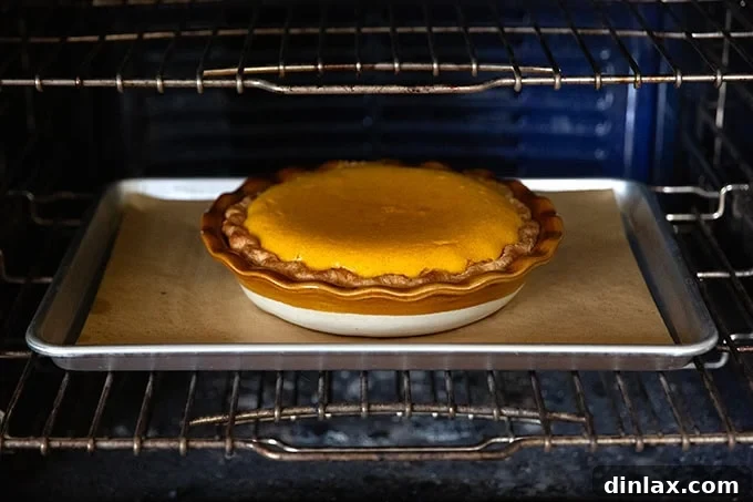 Golden Roasted Butternut Bliss Pie 15 A butternut squash pie baking inside a warm oven, its filling just beginning to set.