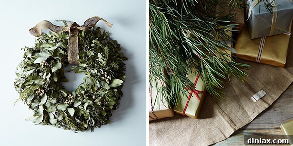 Festive Cedar & Eucalyptus Holiday Wreath with Burlap Ribbon and a traditional Burlap Tree Skirt, charming holiday decor gifts from Provisions by Food52.