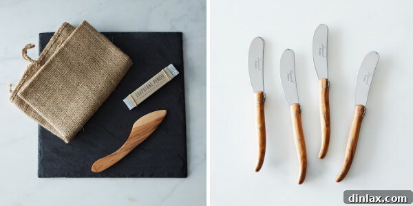 Brooklyn Slate Cheese Board with knife and pencil, alongside elegant Olivewood Spreaders, perfect gifts for entertaining from Provisions by Food52.