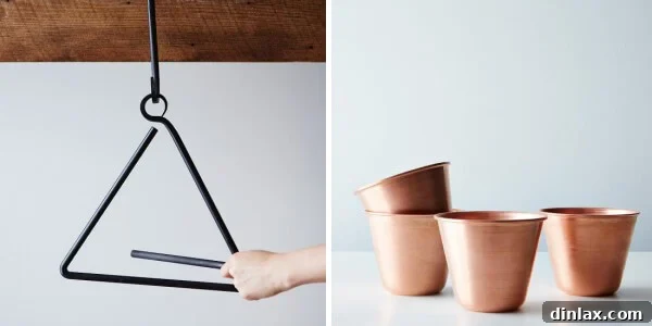 Hand-Forged Triangle Dinner Bell and gleaming Moscow Mule Copper Cups, unique gifts for the home and entertaining from Provisions by Food52.