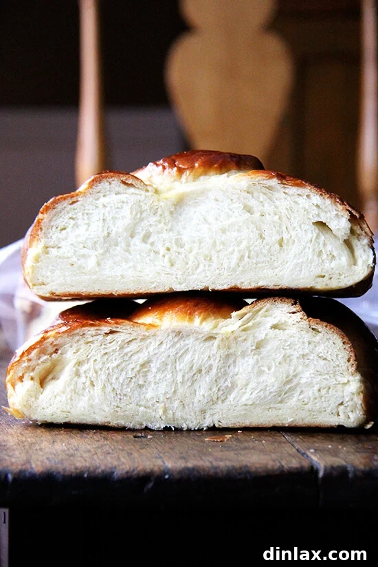 Day-old Challah bread, halved and ready to be transformed into French toast or other delicious treats.